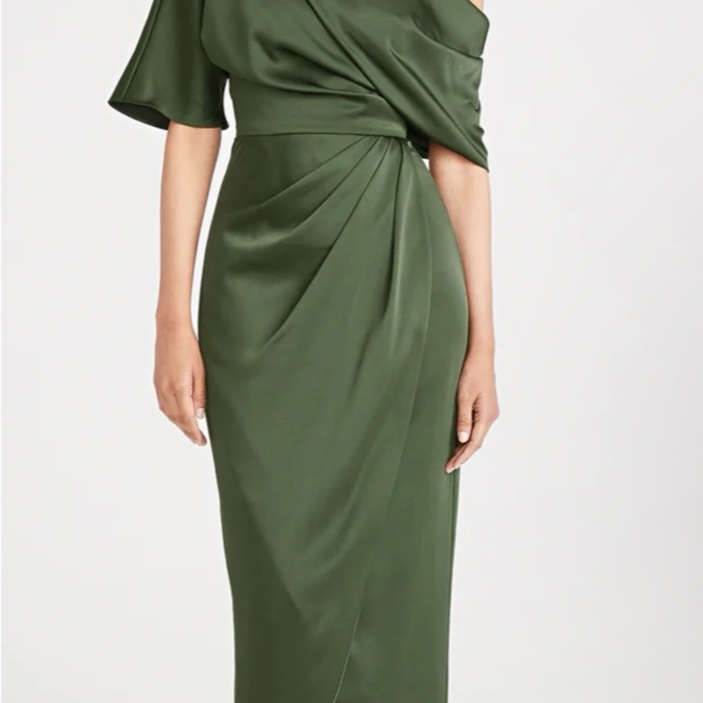 Theia One Shoulder Dress in Deep Green